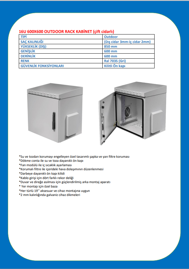 16U 600X600 OUTDOOR KABİNET (ÇİFT CİDARLI)-DATASHEET